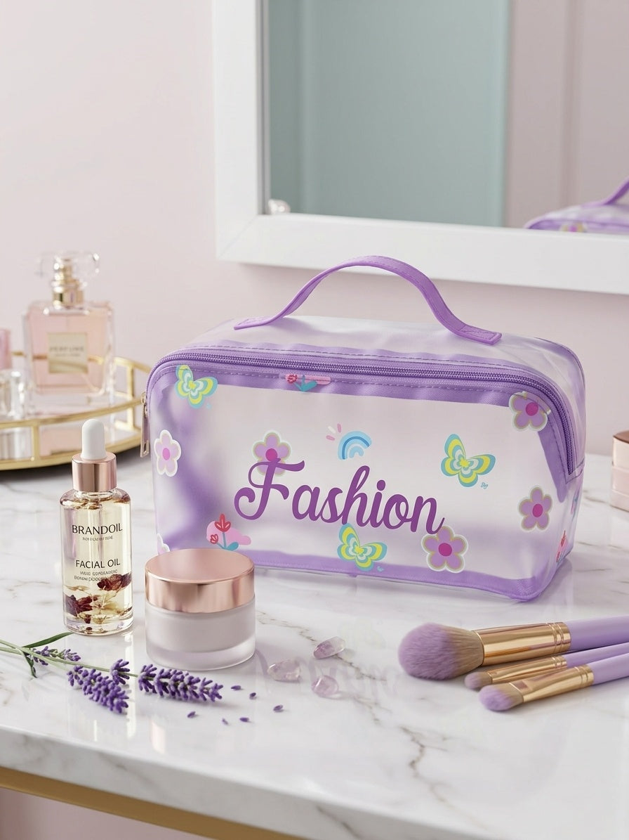 Purple transparent cosmetic bag with top handle, 'Fashion' print and floral icons